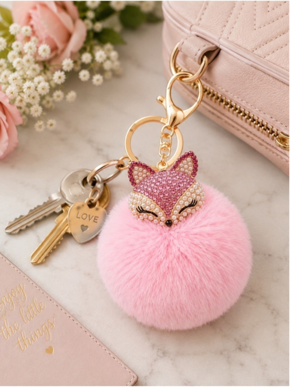 NEW Fluffy Fox Bag Charm Keychain Pom Pom Light Pink Pearl Rhinestone NWT - Picture 2 of 5